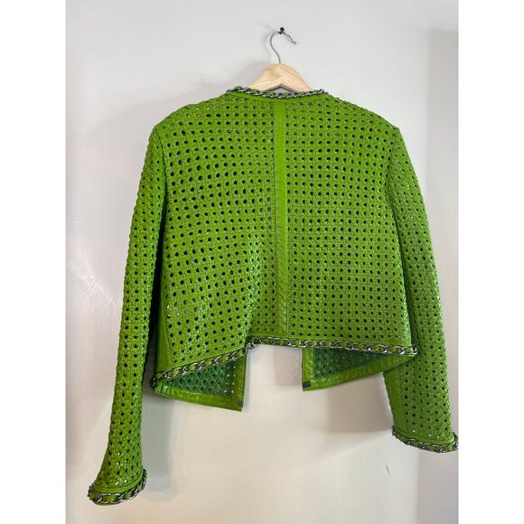 NEW Alice + Olivia Brixton Woven Lamb Leather Cropped Boxy Fit Jacket Green - Picture 7 of 8